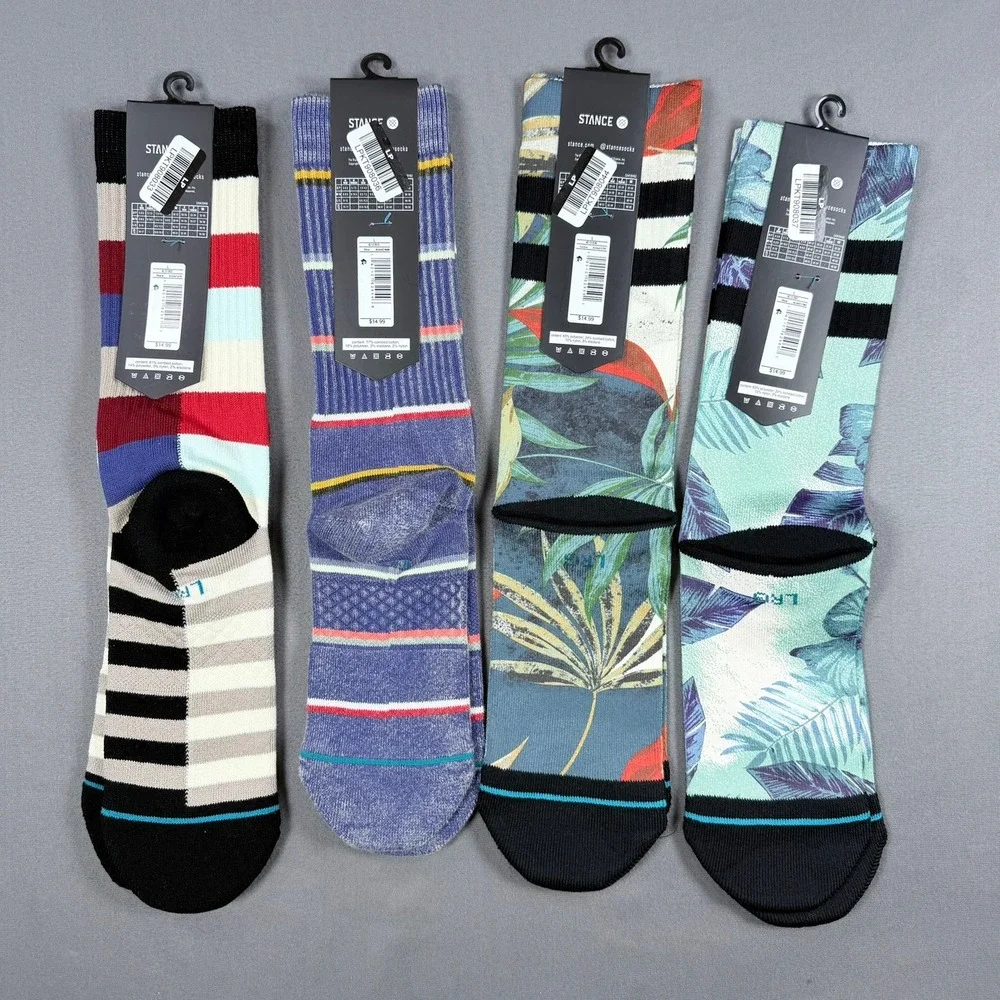 Stance Mens L Multi Cotton Blend Crew Socks Tropical Floral Striped 4 Pack New
